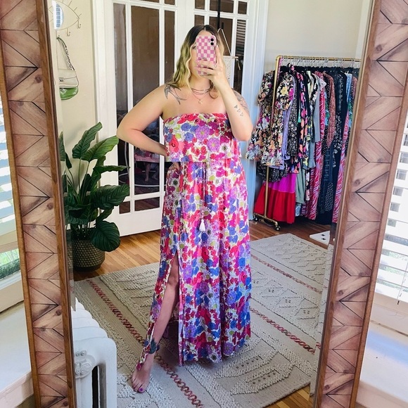 Japna Pink Purple Floral Strapless Maxi Dress - Picture 2 of 8